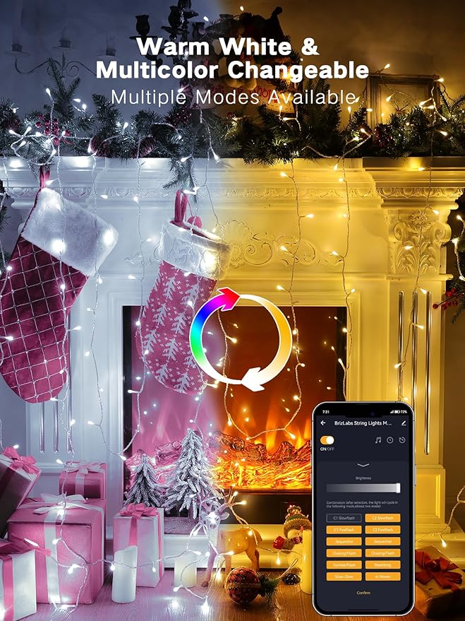 Brizled Smart Christmas Lights, 66FT 200 LED Warm White & Cool White Color Changing String Lights APP Control Fairy Light, Dimmable Music Sync Tree Light Clear Wire for Indoor Xmas Wedding Party Decor