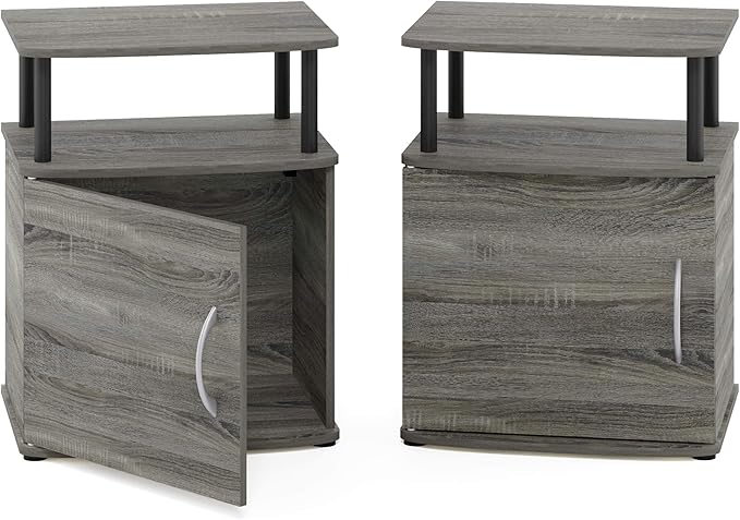 Furinno JAYA End Side Sofa Table/Nightstand with Door, 2-Pack, PVC Tubes, French Oak Grey/Black