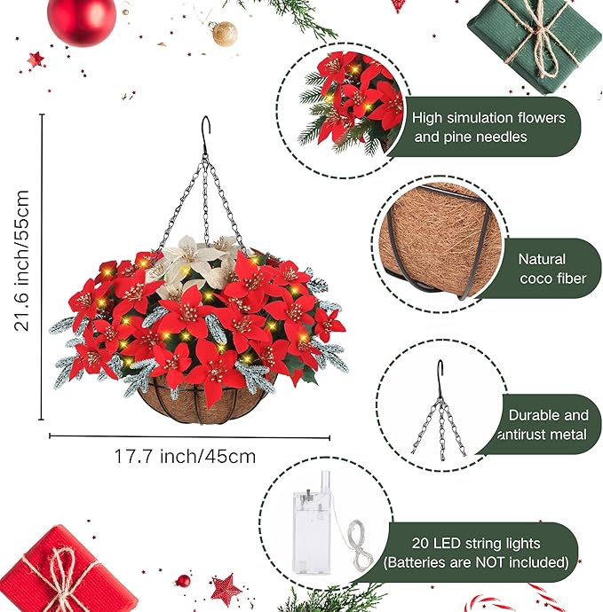 Florielle Artificial Fake Christmas Hanging Flowers Plants Basket with LED Lights, Faux Poinsettia, Pine Branches, for Outdoor New Year Xmas Decoration, Porch Home Holiday Decor (White)