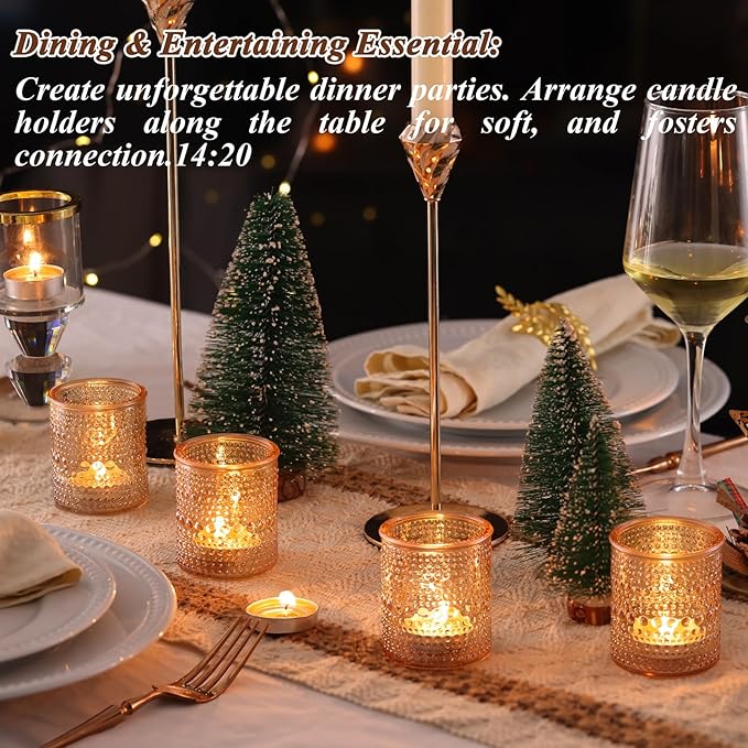 15Pcs Glass Votive Candle Holders, Gold Tea Light Candle Holders Vintage Fall Tealight Candle Holder Bulk for Autumn, Thanksgiving Table Centerpieces, Christmas Decor (Gold)