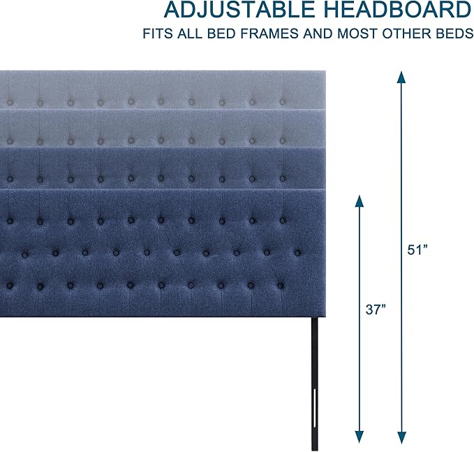 Tufted Upholstered Headboard King Size, Solid Wood Head Board with Durable Metal Legs, Adjustable Height Bed headboard from 37" to 51" Fabric Headboard in Modern Button Design, Blue