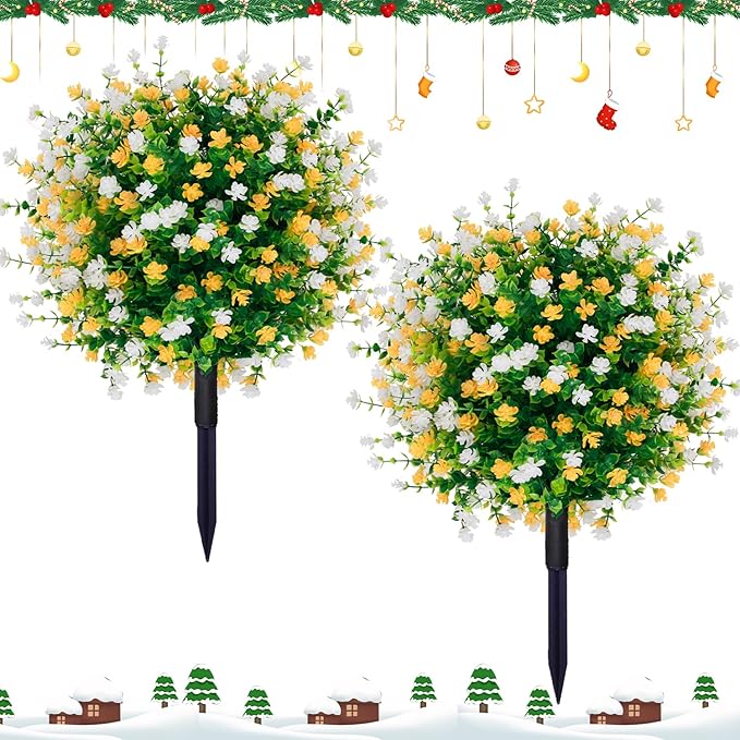 2 Pack 23'' Artificial Xmas Tree,Fake Boxwood Topiary Ball Trees with Spike Outdoor Christmas Decoration,Faux Shrubs Evergreen Blooming Plants Bushes for Urn Filler Porch Potted Entrance Driveway
