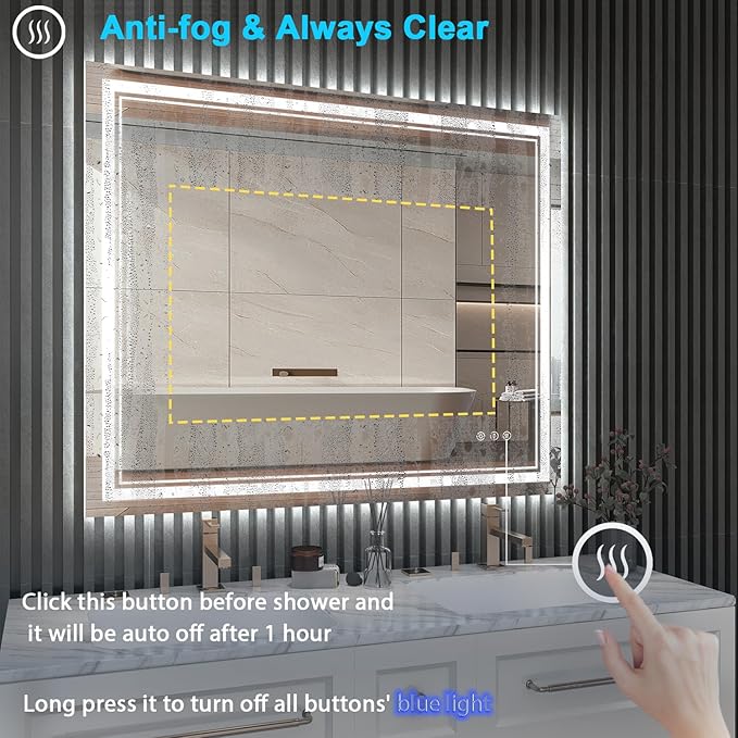 48x40 Light Up Bathroom Mirror, Rectangular LED Bathroom Vanity Mirror for Wall with Backlit & 2 Front Lights Triple Brightness, Dimmable 3 Colors, Anti-Fog and Memory Function for Restroom, Bedroom