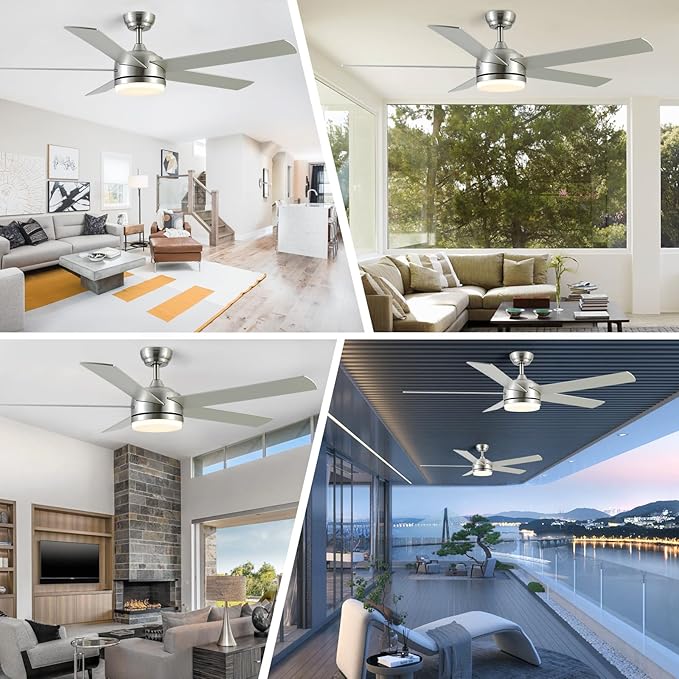 YUHAO 60 Inch Brushed Nickel Ceiling Fan with Light and Remote Control.Noiseless,Dimmable,3CCT,6 Speeds Reversible, DC Ceiling Fans for Indoor or Covered Outdoor