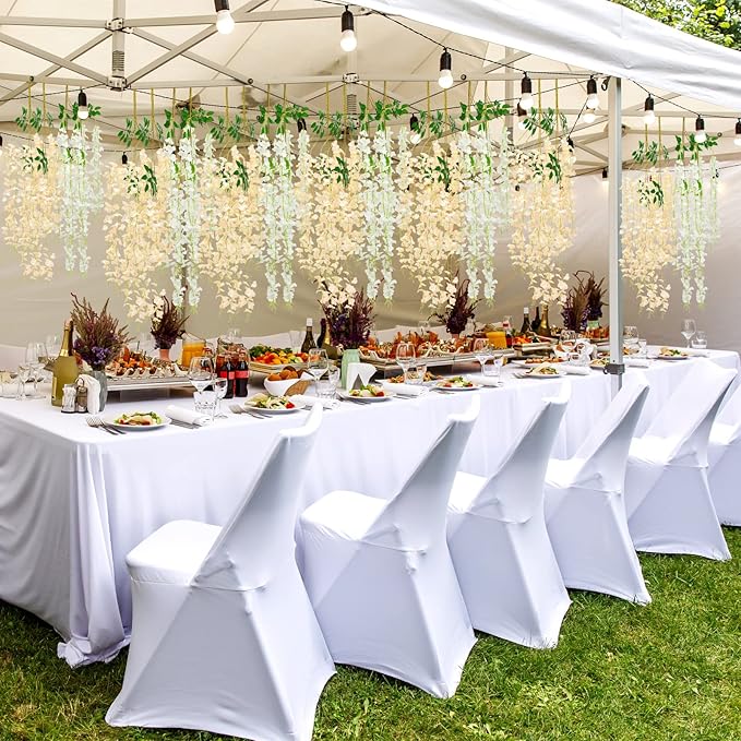 Giegxin 24 Pcs Artificial Wisteria Hanging Flowers 3.6 ft Artificial Fake Wisteria Vine Rattan Hanging Garland Silk Flowers String for Wall Home Wedding Party Greenery Decorations (Champagne,White)