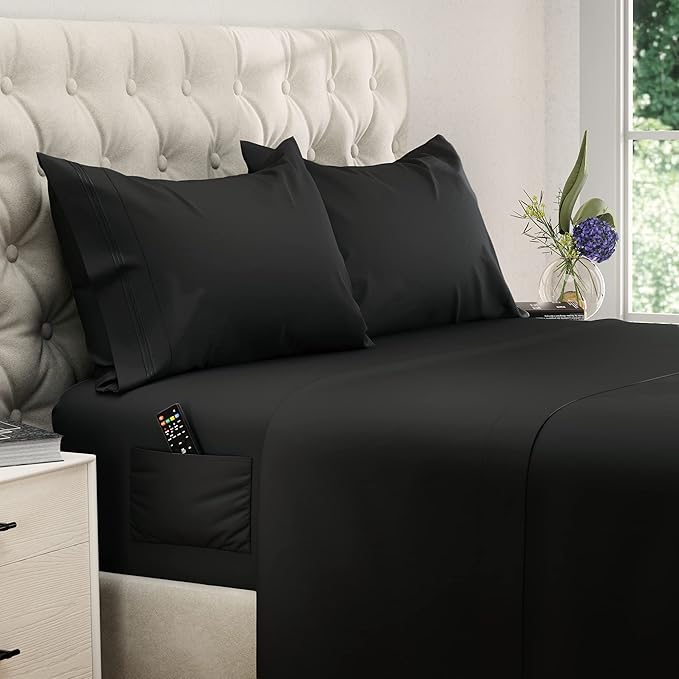 DREAMCARE Twin XL Sheet Sets - 4pc Cooling Sheets XL Twin Sheets - Twin XL up to 21” Deep Pocket – Hotel Luxury Extra Long 100% Brushed Microfiber with Side Pocket - Black