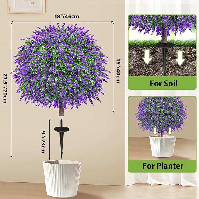 27.5" Artificial Boxwood Lavender Topiary Ball Trees, Set of 2 Fake Shrubs Bushes with Ground Spike, UV Resistant Faux Evergreen Plants for Outdoor Indoor Planters Front Porch Garden Decor
