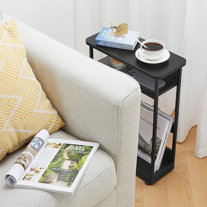 Narrow Side Table,3-Tier Slim End Table with Storage Shelf,Modern Sofa Table Thin Side Table for Narrow and Small Spaces, Skinny Bedside Table Small Nightstand with Magazine Rack Space Saving/Black