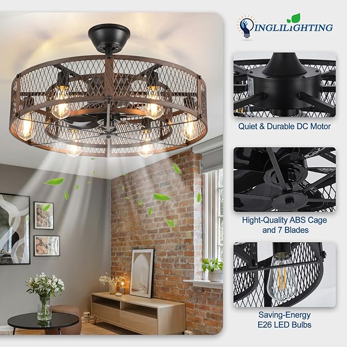 DLLT Caged Ceiling Fan with Lights: 26" Bladeless Fandelier with Light and Remote - Walnut Industrial Chandelier Fan Light for Bedroom Living Dining Room Kitchen