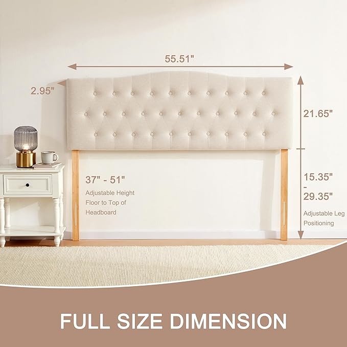 Tufted Upholstered Headboard Full Size, Sturdy and Durable Solid Wood Full XL headboard, Fabric Headboard Adjustable Height from 37” to 51”, Modern Button Diamond Design Head Board, Beige