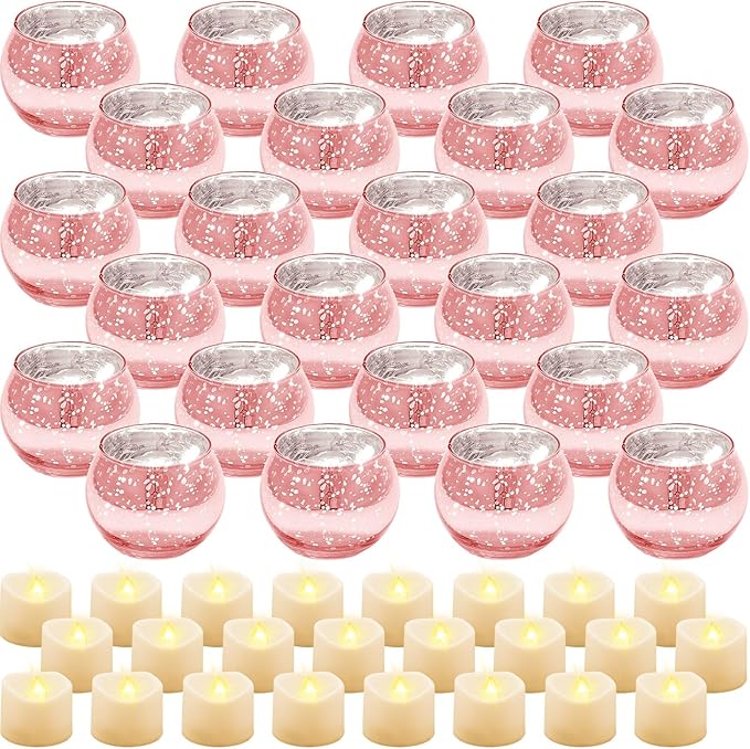 Rtteri 24 Set Votive Candle Holders Wedding Centerpiece Table Decorations Speckled Mercury Glass Votive Candle Holders with Tea Lights Birthday Party Decorations for Home (Pink)