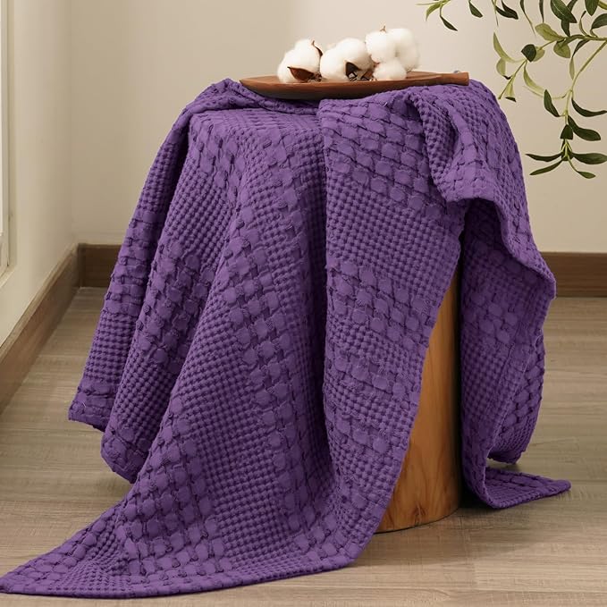 PHF 100% Cotton Waffle Weave Throw Blanket, Soft Lightweight Breathable Cozy Throws for Couch Bed Sofa, Luxury Aesthetic Woven Blanket for Home Decor & Office, 50"x60", Grape