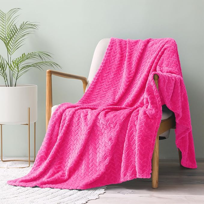 Exclusivo Mezcla Fleece Throw Blanket for Couch, 50x70 Inches Soft Cozy Jacquard Flannel Blankets, Lightweight Fuzzy Plush Warm Throws for Winter, Hot Pink