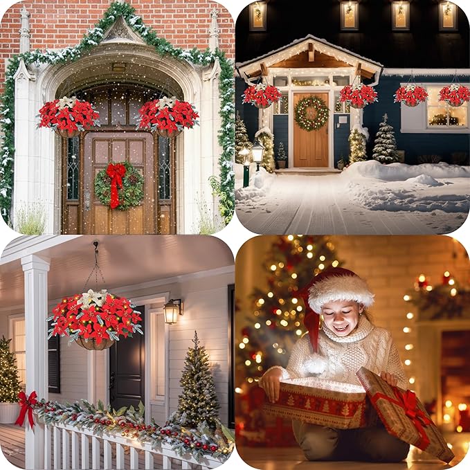 Florielle Artificial Fake Christmas Hanging Flowers Plants Basket with LED Lights, Faux Poinsettia, Pine Branches, for Outdoor New Year Xmas Decoration, Porch Home Holiday Decor (White)