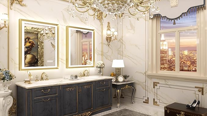 TETOTE Gold Bathroom LED Mirror with Lights 30x36 Frontlit & Backlit Vanity Framed Mirror Baroque Anti Fog Stepless Dimmable White/Warm/Natural,CRI90+,Waterproof,Wall Mounted(Horizontal/Vertical)
