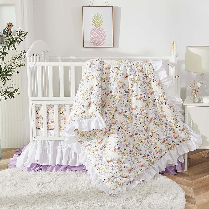 Brandream Wildflower Butterfly Crib Bedding Sets for Girls Nursery Set 3-Piece Farmhouse Quilt Comforter Set, Baby or Toddler Fitted Sheet, Double Crib Skirt, Cotton