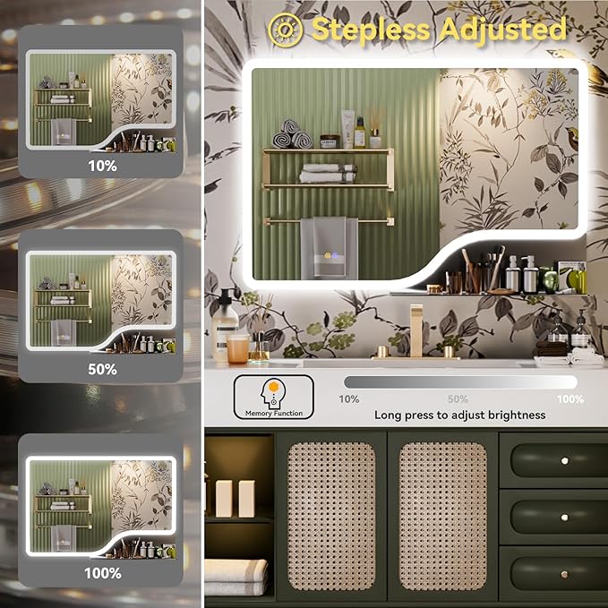 32"x 48" LED Bathroom Mirror with Shelf, 3 Colors Backlit Vanity Mirror with Lights, Wall-Mounted Large Bathroom Mirror with Lights, Smart Mirror with Anti-Fog, Stepless Dimmable, Memory (UL, ETL)