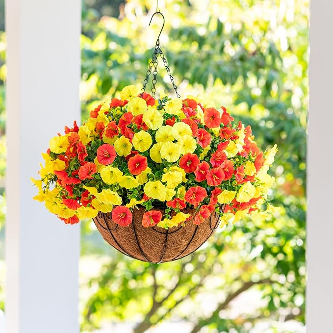 Artificial Fake Hanging Flowers with Basket for Fall Decoration, 12 Bundles Faux Silk Morning Glory Plants for Outdoor Planters, Realistic UV Resistant Artificial Flowers for Outside Porch Garden