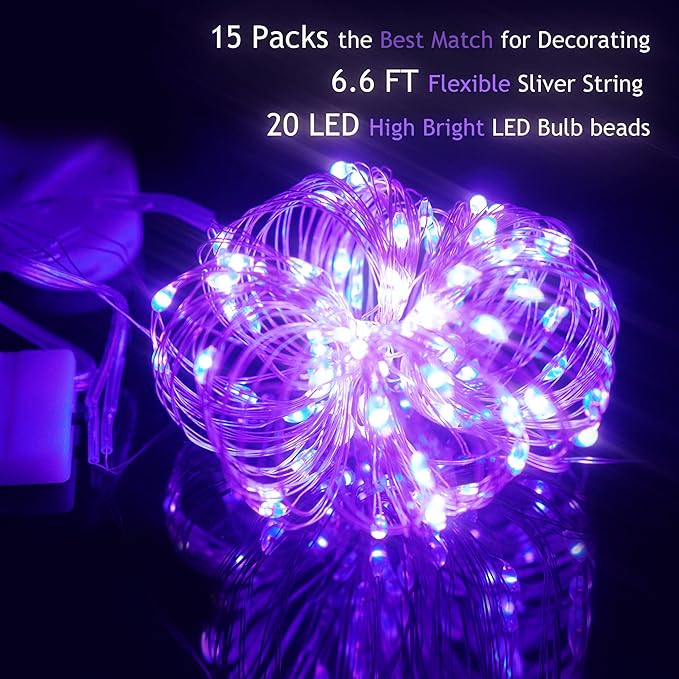 SmilingTown 15 Packs 20 Led Purple Fairy Lights Battery Operated 6.6ft Silver String Lights Waterproof Firefly Starry Light for DIY Table Centerpieces Wedding Halloween Christmas Party Decor