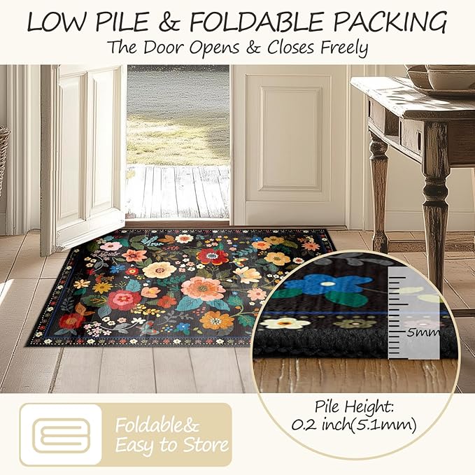 Floral 2x3 Area Rug Machine Washable Soft Print Boho Carpet Non Slip Doormat Low Pile Flower Area Rugs for Living Room Bedroom Nursery Kitchen Dining Room Indoor-Black