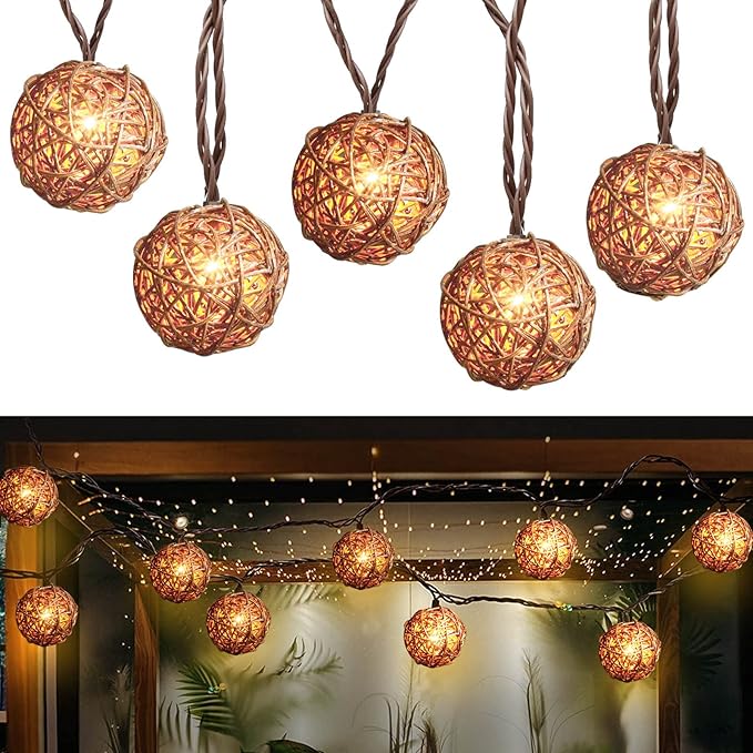 Rattan Christmas String Lights, 10 Mini Natural Globe Rattan Balls, Wicker Lights for Patio, Wedding, Garden, Party, Home Decor, Indoor Outdoor Use, 7.92Ft (Brown Cord)