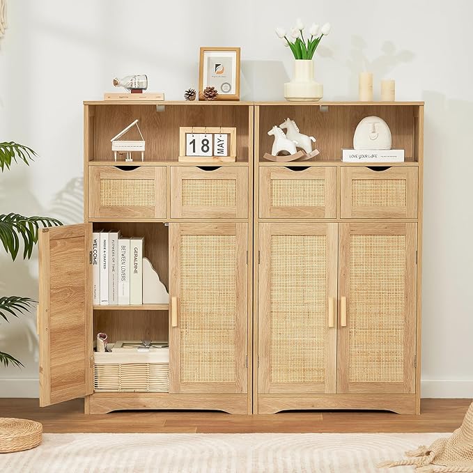 Iwell Storage Cabinet with 2 Drawers & Adjustable Shelves, Rattan Cabinet, Kitchen Pantry Cabinets, Cupboard for Living Room, Kitchen, Home Office, Natural