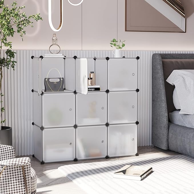 C&AHOME Cube Storage Organizer with Doors, 9-Cube Shelves, Closet Cabinet, DIY Plastic Modular Bookshelf Ideal for Bedroom, Living Room, 36.6”L x 12.4”W x 36.6”H White USBTM3009B-DOOR