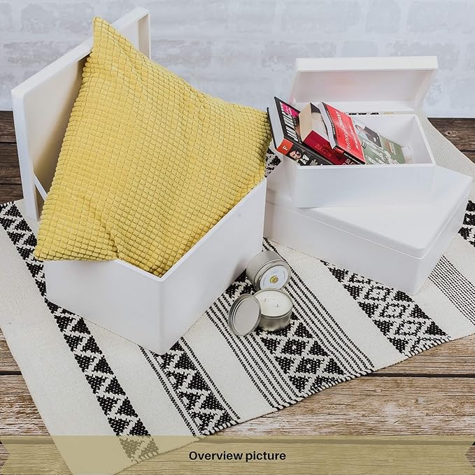XL White Wooden Box Storage with Hinged Lid | 15.8x11.8x5.5in (+-0.5) | Gift Box for Tool Dog Toy Shoes Clothes Kitchen Storage | Wood Keepsake Chest