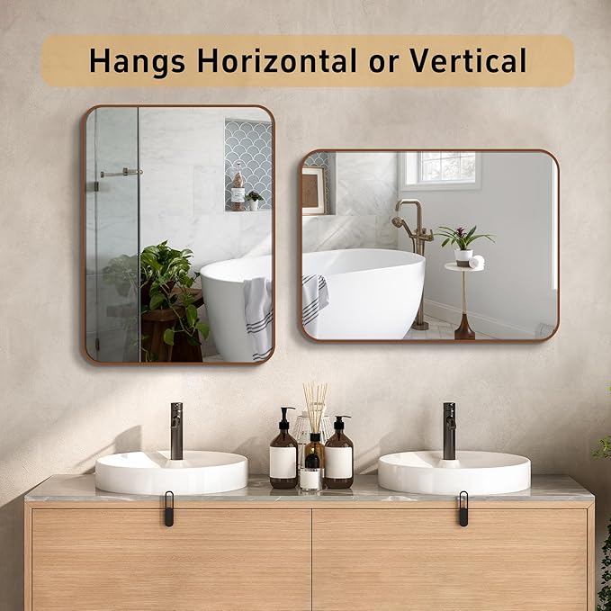 22"x30" Brushed Bronze Bathroom Mirror for Wall, Rounded Rectangle Mirror with Brown Metal Frame Hanging for Bathroom Entryway Vanity,Living Room,Bedroom,Vertical or Horizontal