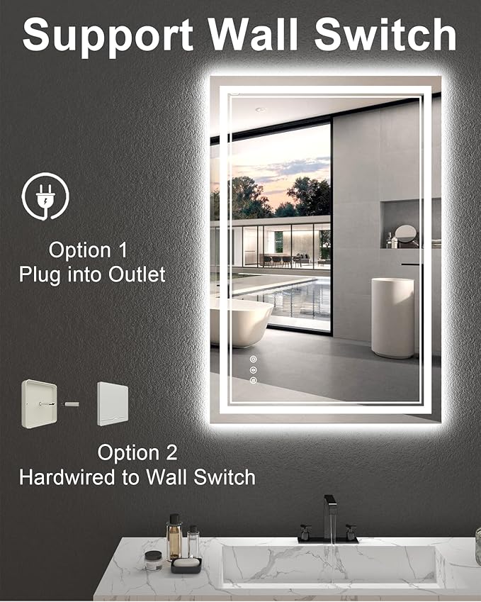 48x32 Inch LED Lighted Bathroom Mirror, Light Up Bathroom Vanity Mirror Unbreakable with 2 Front Lights & Back Lit, 3 Colors Stepless Dimmable, Anti-Fog, Memory Function, Closable Blue Buttons