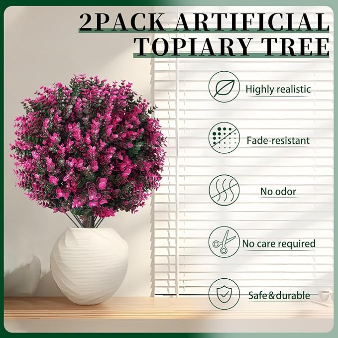 Artificial Pink Eucalyptus Topiary Ball Trees, 2 Set of 16'' UV Resistant Fake Evergreen Shrubs Bushes Plants with Ground Spike, Fake Plants for Outdoor Indoor Front Porch Garden