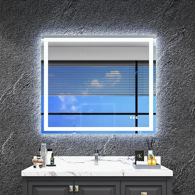 Led Bathroom Mirror 40"x36" with Anti-Fog, Front Lighted Bathroom Vanity Mirror for Wall Mounted, Memory, 3 Colors Dimmable Backlit Mirror (Horizontal/Vertical)
