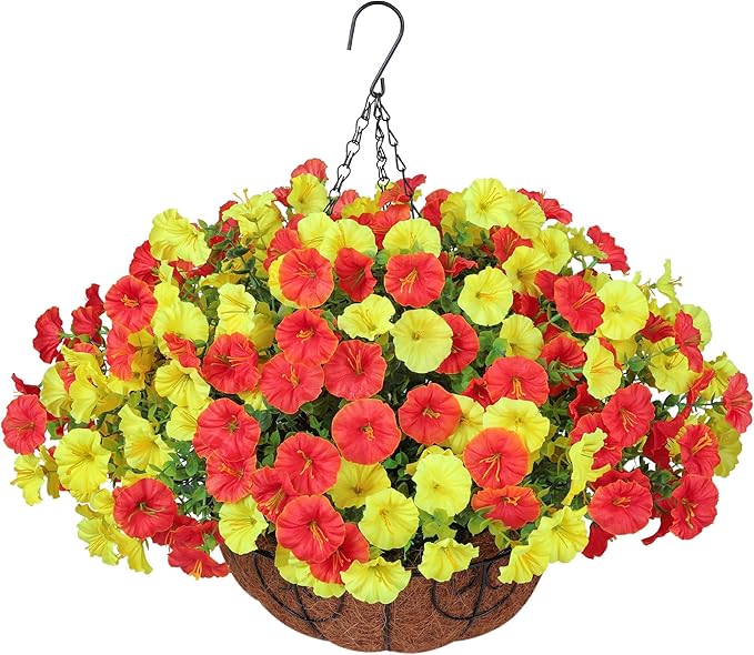 Artificial Fake Hanging Flowers with Basket for Fall Decoration, 12 Bundles Faux Silk Morning Glory Plants for Outdoor Planters, Realistic UV Resistant Artificial Flowers for Outside Porch Garden