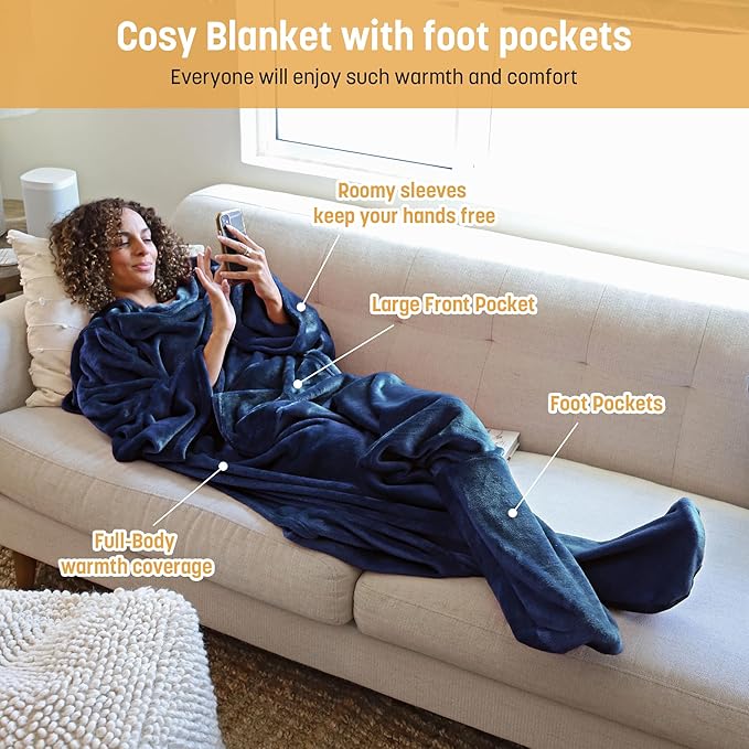 Catalonia Wearable Fleece Blanket with Sleeves and Foot Pockets for Adult Women Men, Micro Plush Comfy Wrap Sleeved Throw Blanket Robe Large, Gift for Her