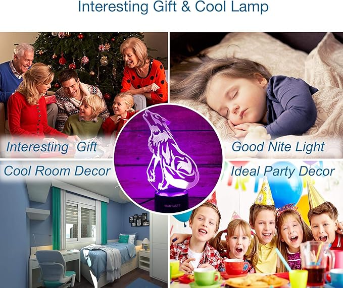 3D Wolf Decor Lamp with Remote, 7 Color Changing Night Light Toys, Birthday Gift for Kids Girls Boys