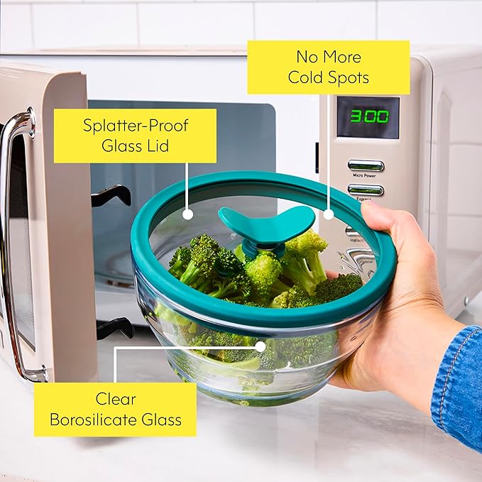 Anyday 8-Cup Glass Food Storage with Glass Lid, Round Deep Dish | Plastic-Free Meal Prep & Microwave Cookware | Stackable Airtight Storage Container with Vented Lid for Microwave-Safe Reheating