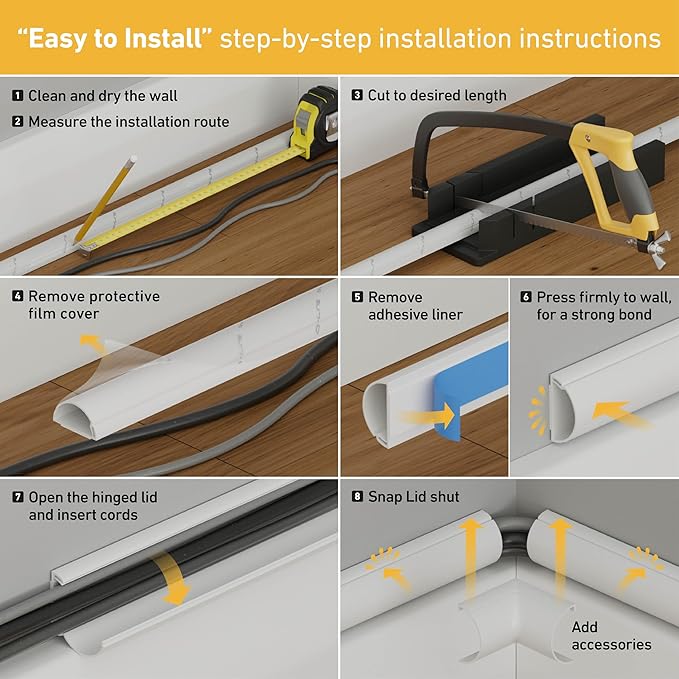 D-Line 157in Cord Hider Kit, Patented Cable Cover, Hide Wires on Wall, Channel for TV Mount Cords, Raceway Wire Hiders, Paintable, Adhesive, Half Round, 10x 0.78in W x 0.39in H x 15.7in L, Beige