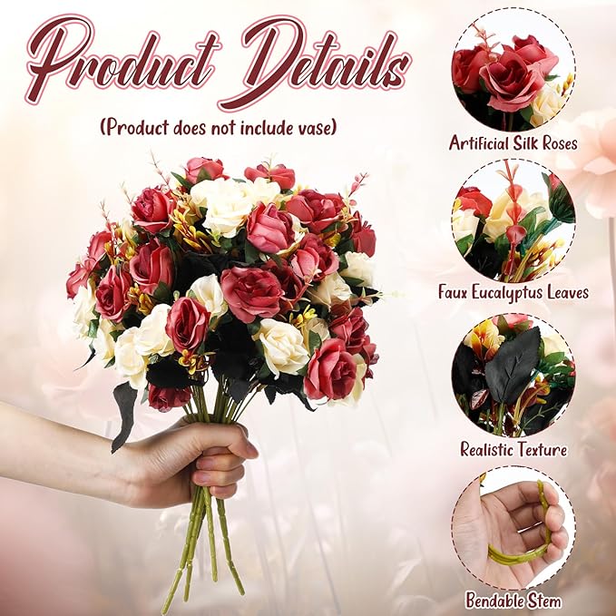 Hotop 12 Bunches of Artificial Flowers Centerpiece 13 Inches Silk Faux Roses Bouquets for Table Decoration Realistic Bouquet Arrangement Boho Faux Flowers for Wedding (Coffee)