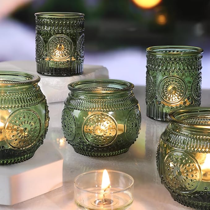 36 Pcs Green Glass Votive Candle Holders Bulk - Assorted Tea Light Holders for Christmas, Tea Party, Fall Wedding, Bridal Shower Table Centerpieces