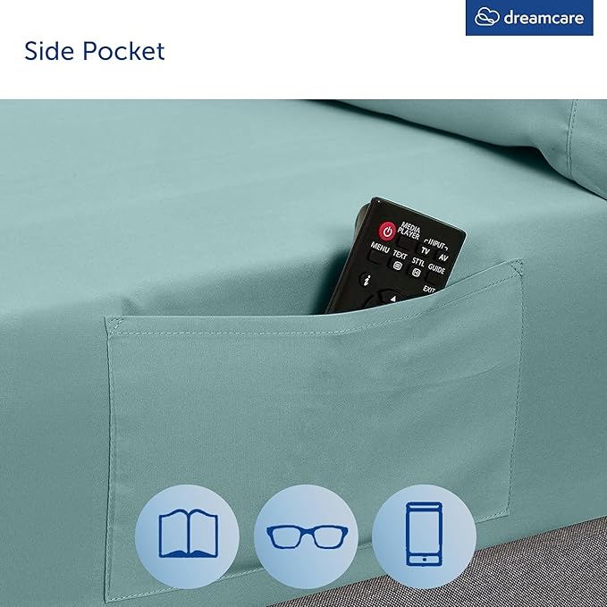 DREAMCARE Queen Sheet Set – 4 pcs Cooling Sheets – up to 21” Extra Deep Pocket Queen Sheets – Hotel Luxury Sheets & Pillowcases – Superior Softness 100% Microfiber with Side Pocket - Spa Blue