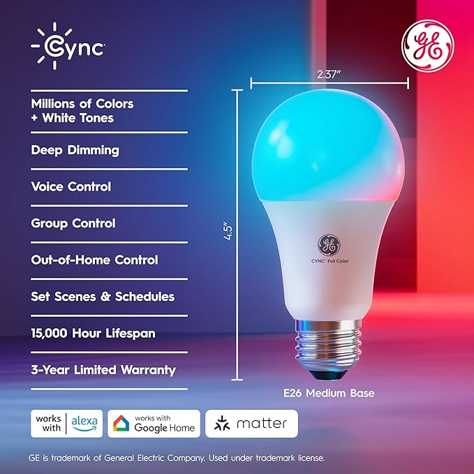 GE Cync A19 LED Smart Light Bulbs, Room Decor Aesthetic Bluetooth and WiFi Color Changing Lights, LED Indoor Light Bulb, Compatible with Alexa and Google (2 Pack)