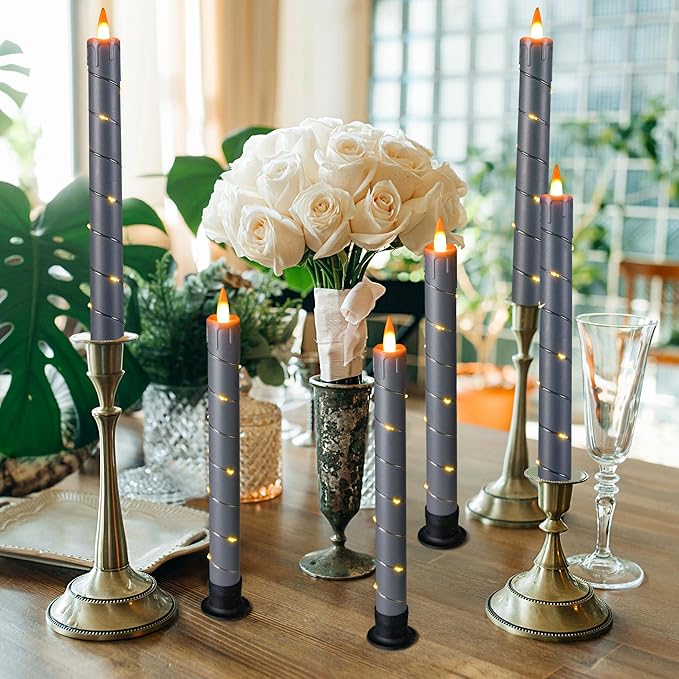 Da by 3 Pcs Flickering Flameless Battery Operated Taper Candle-Window Candles with Remote and Time-LED 3D Dynamic Flame-9.6 Inches for Wedding, Party,Home Decoration-Grey