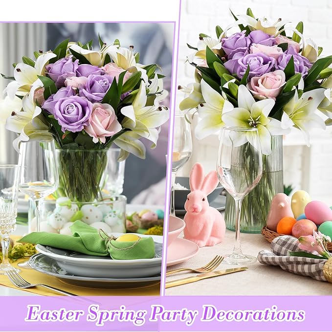 Hotop 20 Pcs Artificial Flowers Velvet Realistic Roses and Latex Lilies Flowers Bouquet Decorations Arrangements for Home Table Centerpieces Independence Day(Pink,Purple,White)