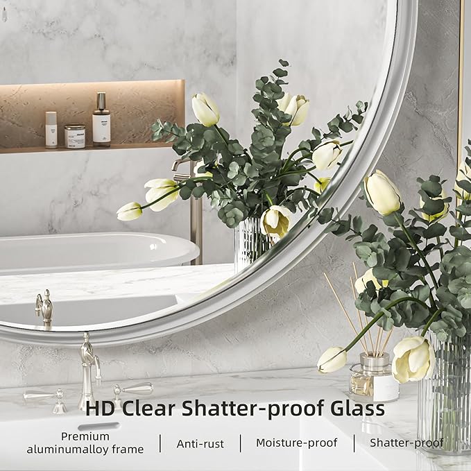 Hasipu Round Silver Mirror 38 Inch Large Round Bathroom Mirror Metal Frame, Wall Mounted Circle Vanity Mirror for Wall Modern Decor (Hangs Horizontal or Vertical)