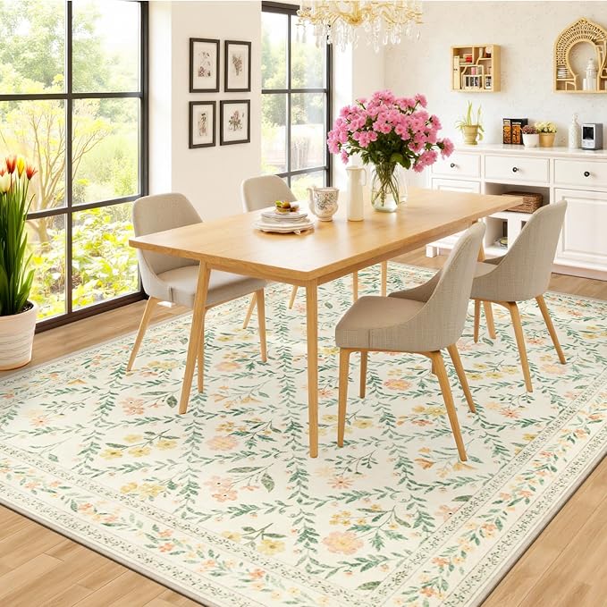 10x12 Area Rugs for Living Room: Floral Washable Rug Vintage Large Soft Boho Non-Slip Carpet Stain Resistant Low Pile Carpets for Bedroom Dining Room Farmhouse Nursery Hallway Home Office Beige/Multi