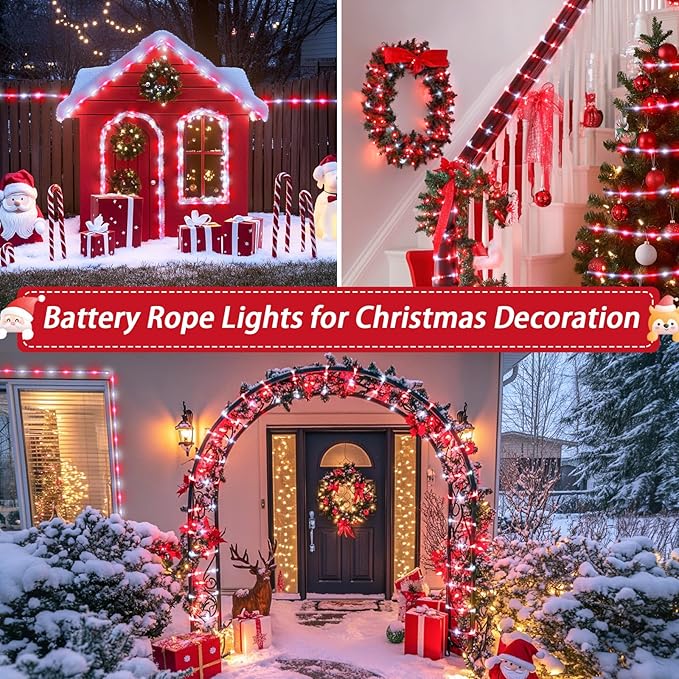 JMEXSUSS 2 Pack Rope Lights Battery Operated Christmas Lights Outdoor Waterproof, Total 200LED 66ft 8Mode Battery Powered String Lights with Remote, Red and White Rope Lights for Christmas Decor