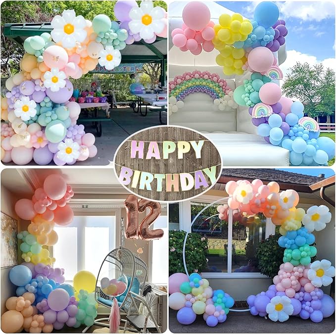 Pastel Balloon Garland Kit 219Pcs Daisy Balloon Arch, Pastel Balloons Different Sizes, Happy Birthday Banner, Cake Toppers, Number 2 Balloon, 3D Butterfly, 2nd Birthday Decorations for Girl
