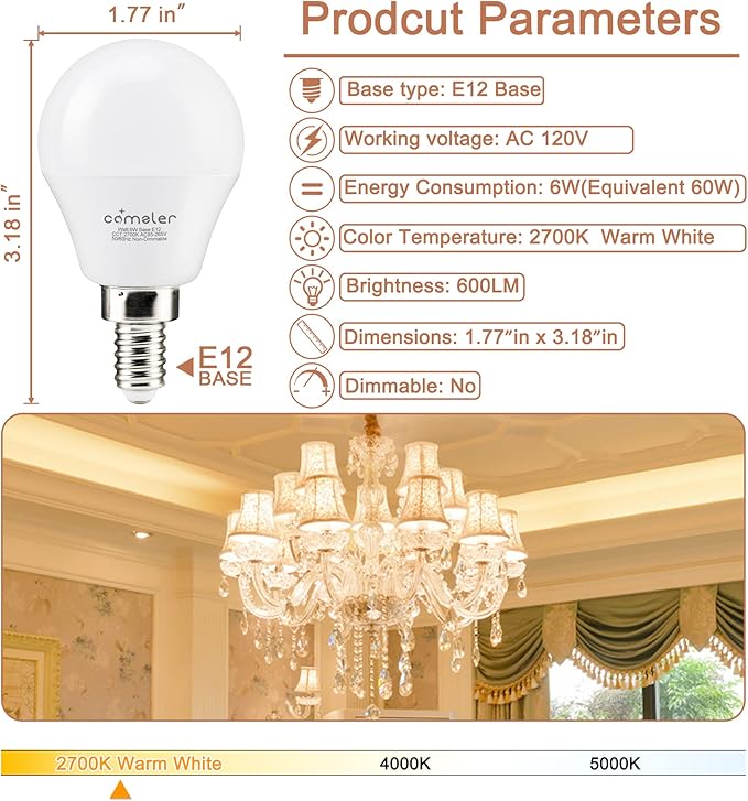 comzler A15 LED Bulbs 60W Equivalent, Warm White 2700K,E12 Small Base LED Round Light Bulb for Ceiling Fan, No Dimmable，Pack of 6