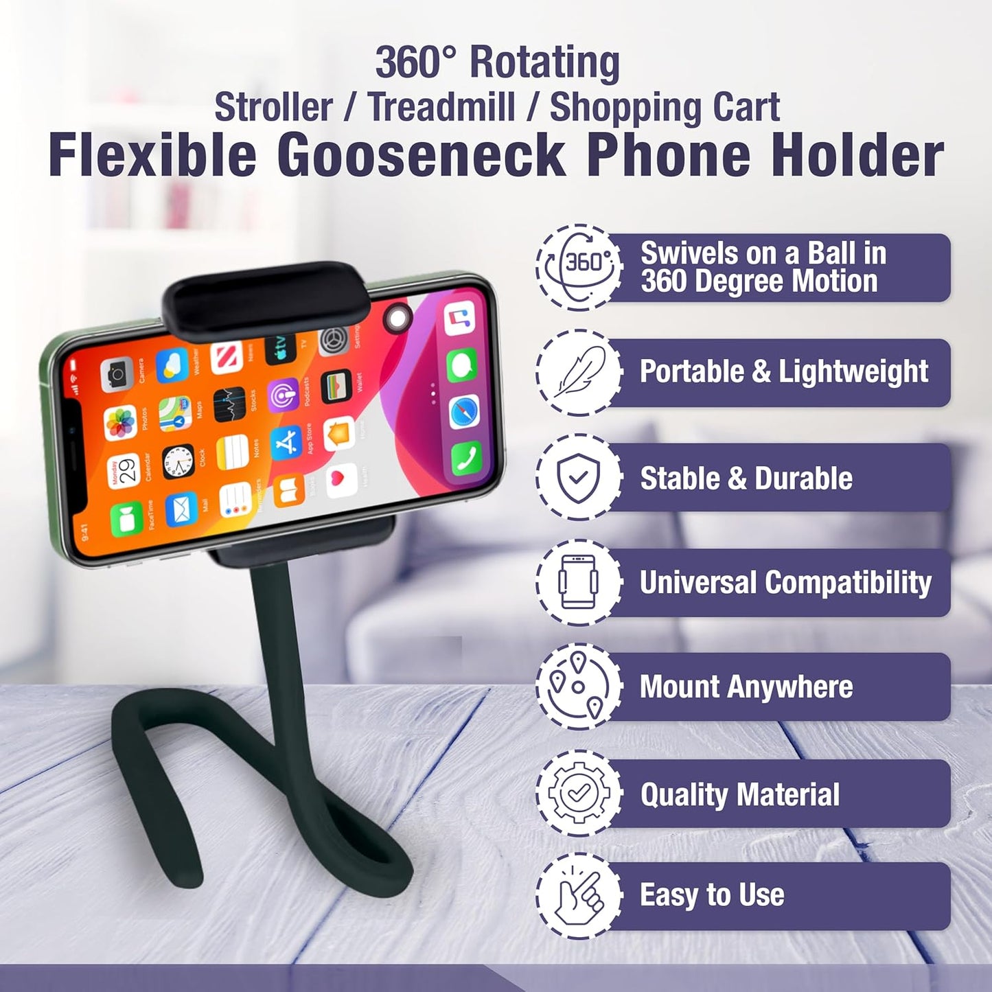 Flexible Adjustable Gooseneck Phone Holder for Car, Stroller, Treadmill, Shopping Cart, Bike, Boat, Golf Cart