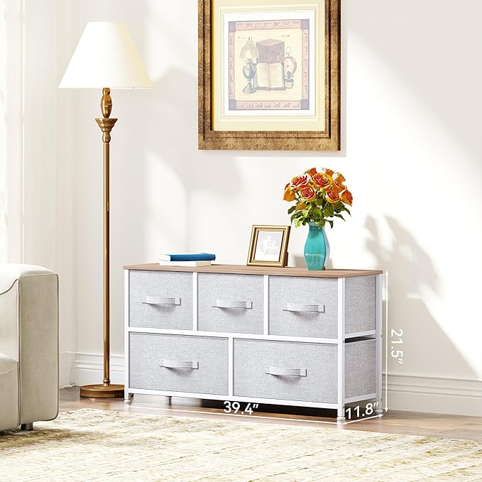 YITAHOME Wide Chest of Drawers, Dresser with 5 Drawers, Light Grey Fabric Storage Tower, Dresser for Bedroom with 5 Drawers, Living Room, Closets - Sturdy Steel Frame, Wooden Top